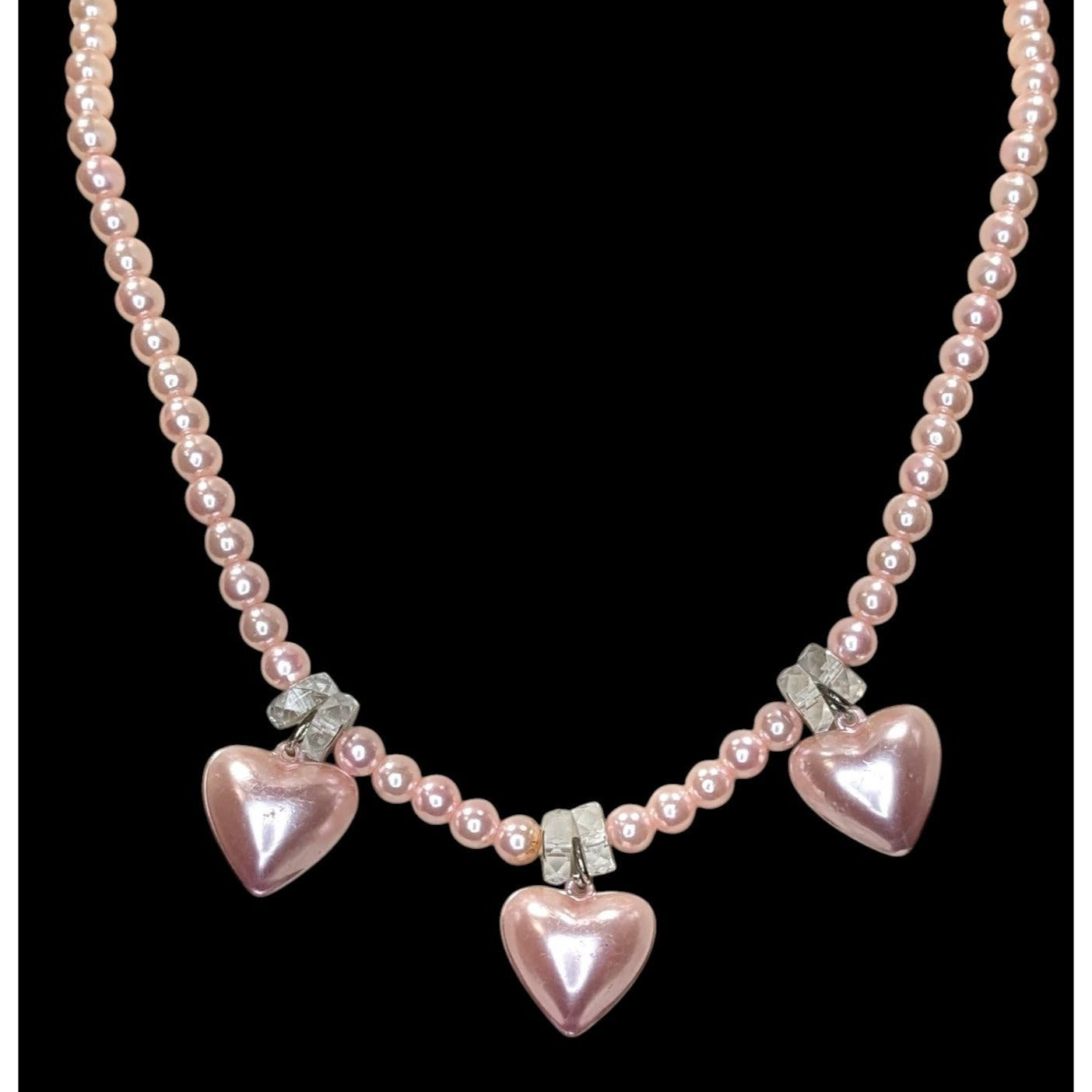 Romantic Coquette Pastel Pink Faux Pearl Necklace With Heart Charms & Crystal Accents