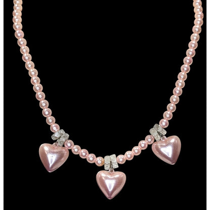 Romantic Coquette Pastel Pink Faux Pearl Necklace With Heart Charms & Crystal Accents