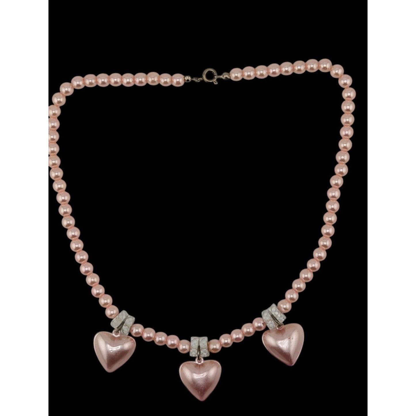 Romantic Coquette Pastel Pink Faux Pearl Necklace With Heart Charms & Crystal Accents