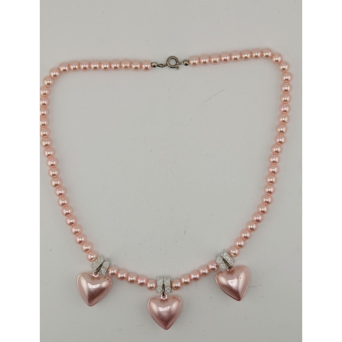 Romantic Coquette Pastel Pink Faux Pearl Necklace With Heart Charms & Crystal Accents