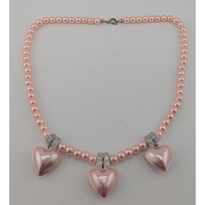 Romantic Coquette Pastel Pink Faux Pearl Necklace With Heart Charms & Crystal Accents