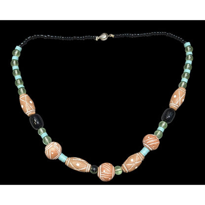 Vintage Handmade Rustic Clay And Glass Beaded Necklace