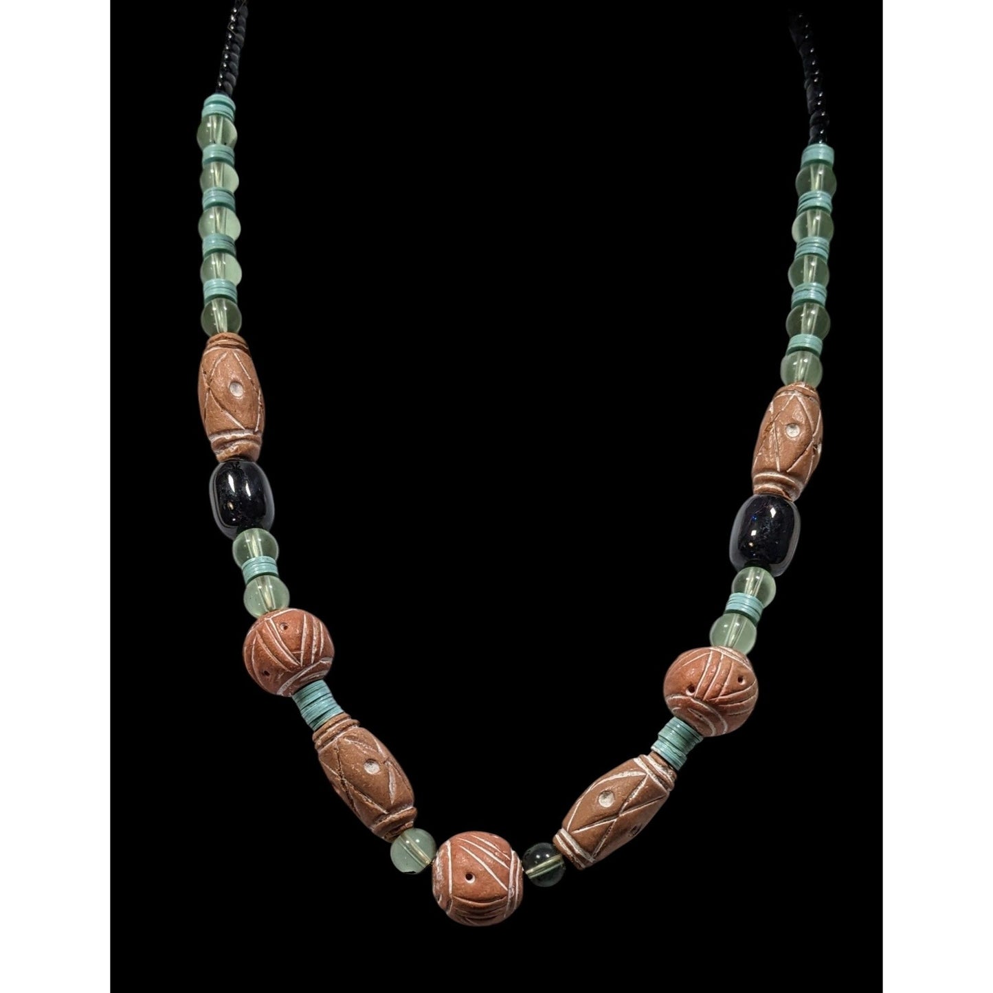 Vintage Handmade Rustic Clay And Glass Beaded Necklace