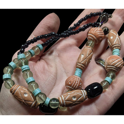 Vintage Handmade Rustic Clay And Glass Beaded Necklace