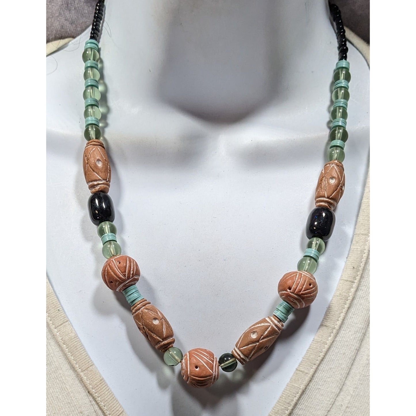Vintage Handmade Rustic Clay And Glass Beaded Necklace