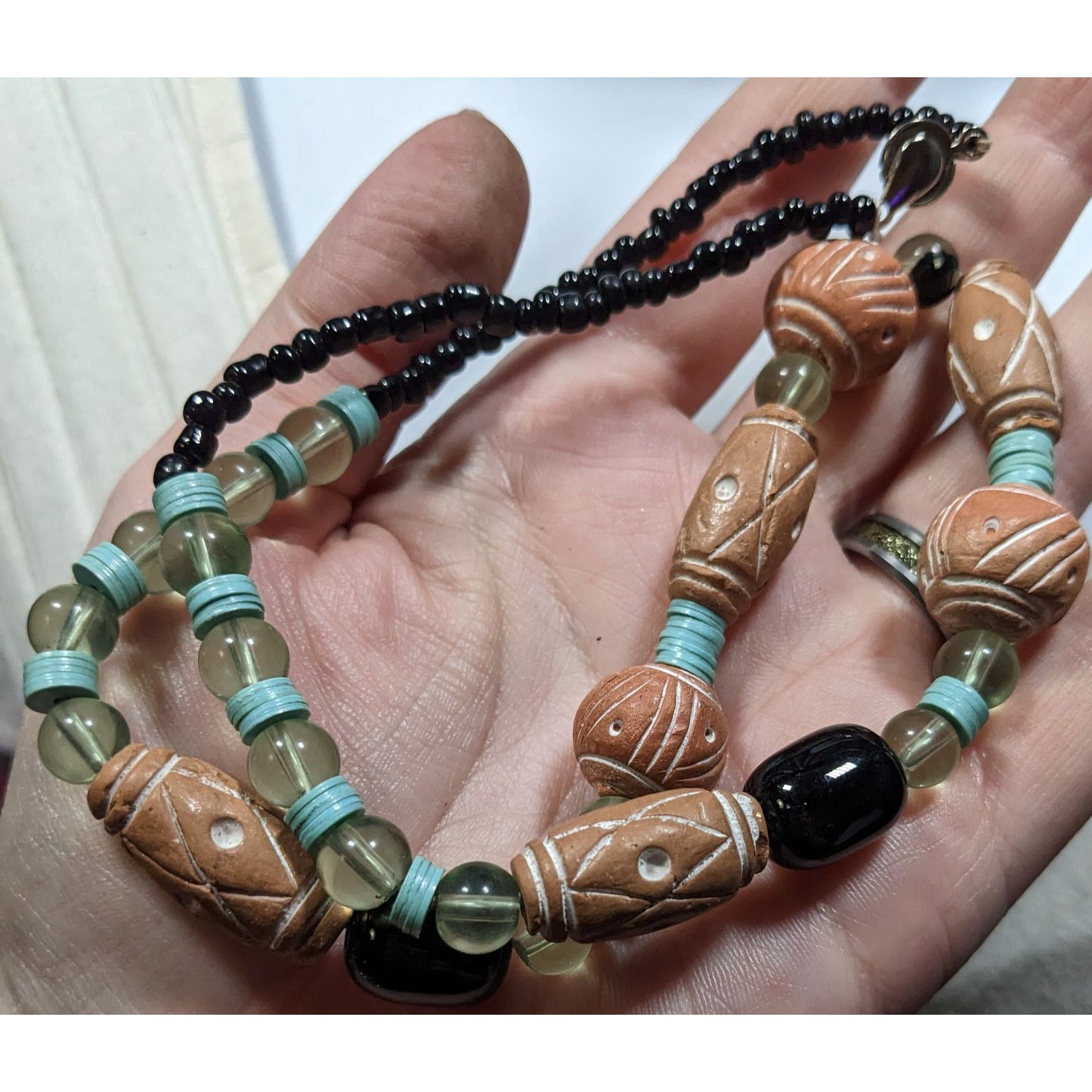 Vintage Handmade Rustic Clay And Glass Beaded Necklace