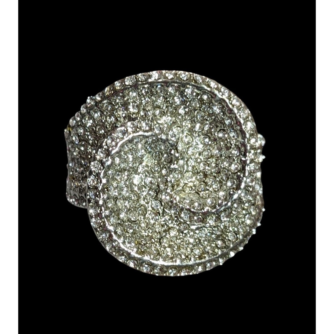 Abstract Floral Swirl Rhinestone Glam Silver Tone Stretch Ring