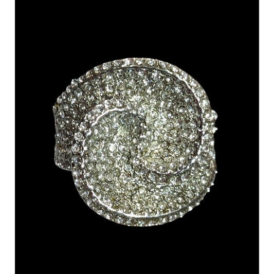 Abstract Floral Swirl Rhinestone Glam Silver Tone Stretch Ring