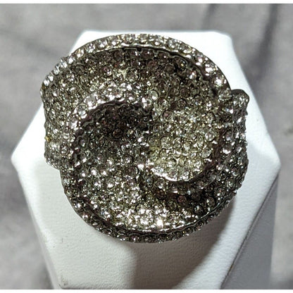 Abstract Floral Swirl Rhinestone Glam Silver Tone Stretch Ring