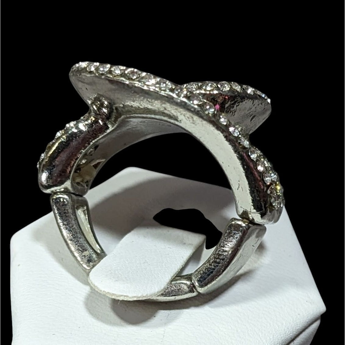 Abstract Floral Swirl Rhinestone Glam Silver Tone Stretch Ring