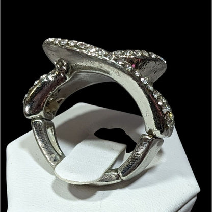Abstract Floral Swirl Rhinestone Glam Silver Tone Stretch Ring