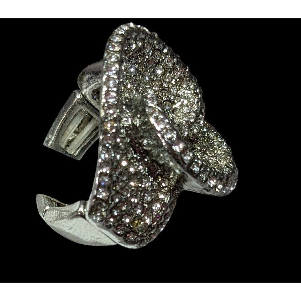 Abstract Floral Swirl Rhinestone Glam Silver Tone Stretch Ring