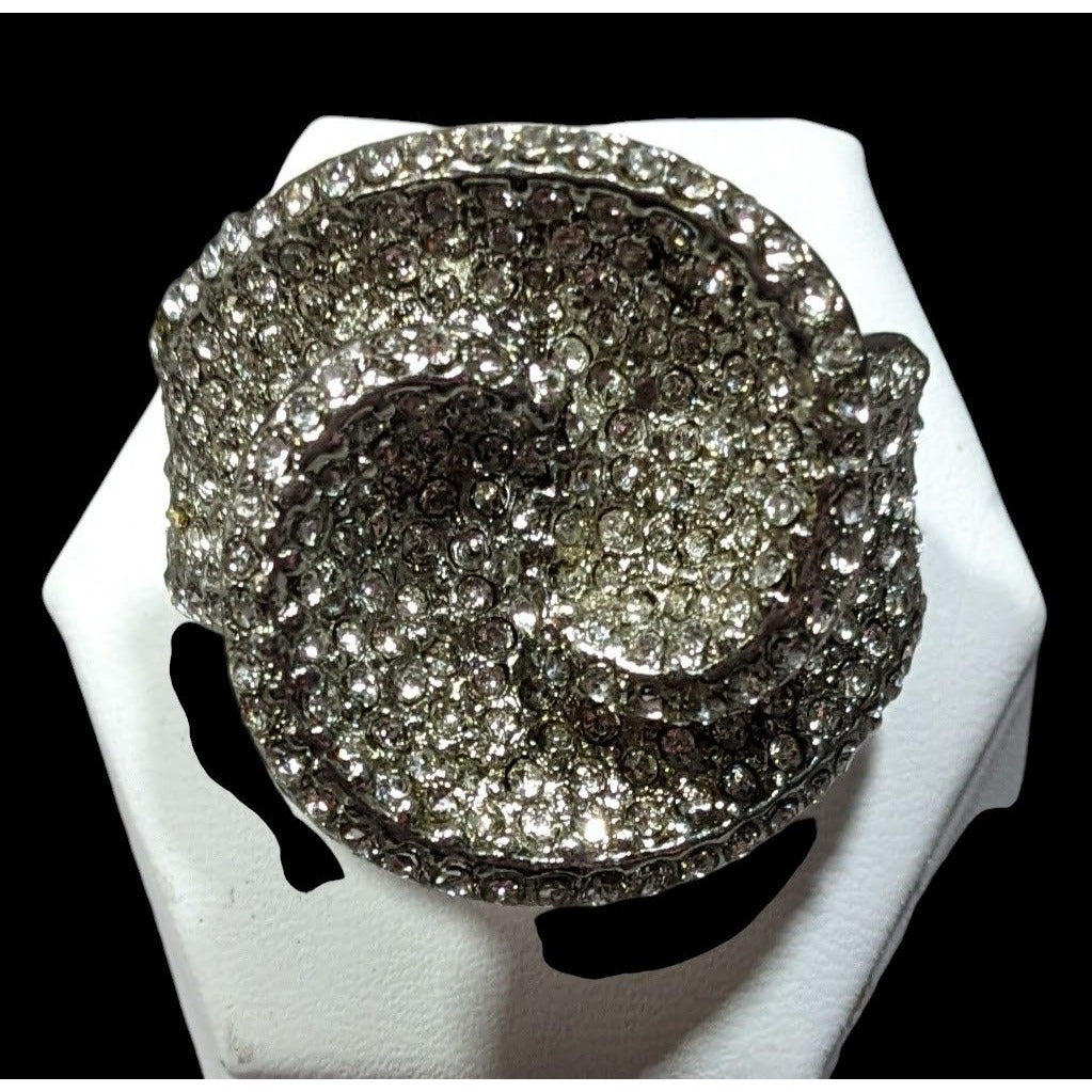 Abstract Floral Swirl Rhinestone Glam Silver Tone Stretch Ring