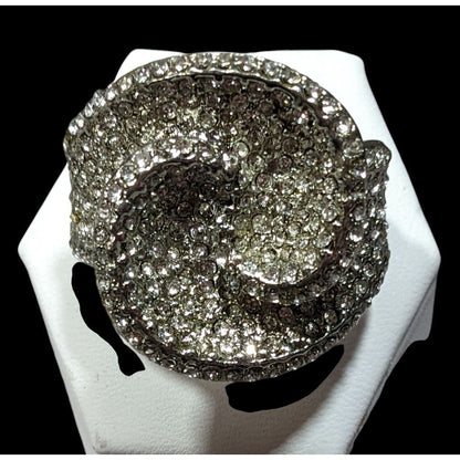 Abstract Floral Swirl Rhinestone Glam Silver Tone Stretch Ring