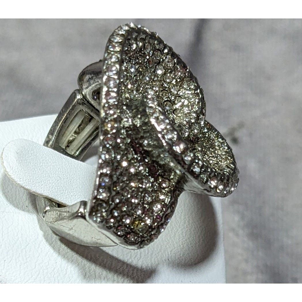 Abstract Floral Swirl Rhinestone Glam Silver Tone Stretch Ring