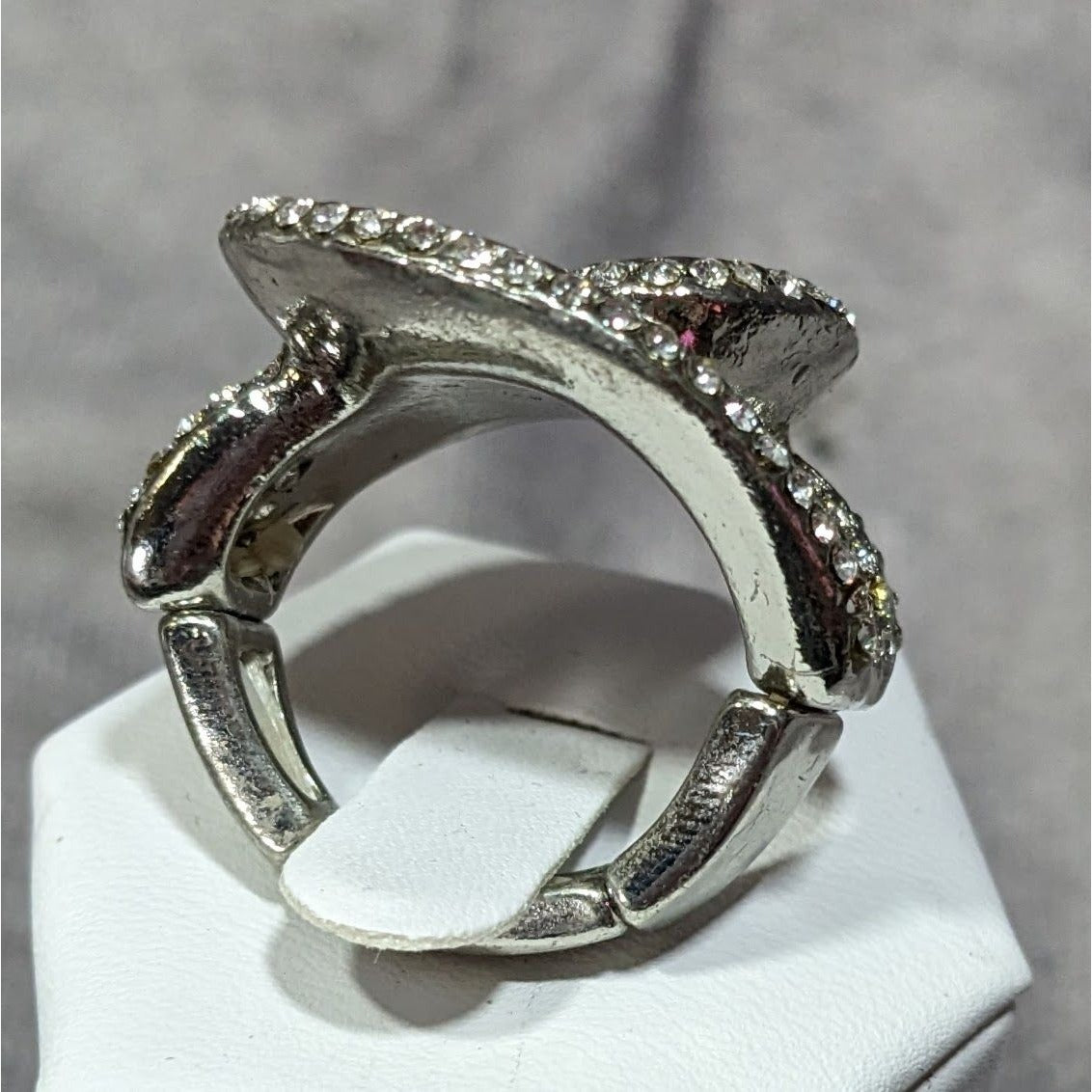 Abstract Floral Swirl Rhinestone Glam Silver Tone Stretch Ring