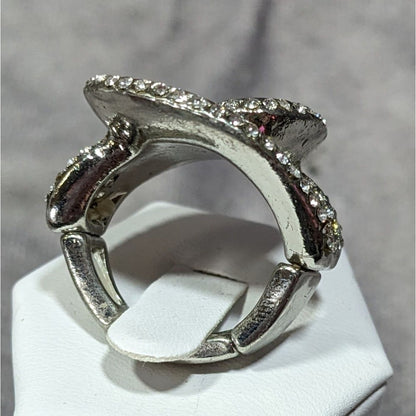 Abstract Floral Swirl Rhinestone Glam Silver Tone Stretch Ring