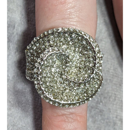 Abstract Floral Swirl Rhinestone Glam Silver Tone Stretch Ring