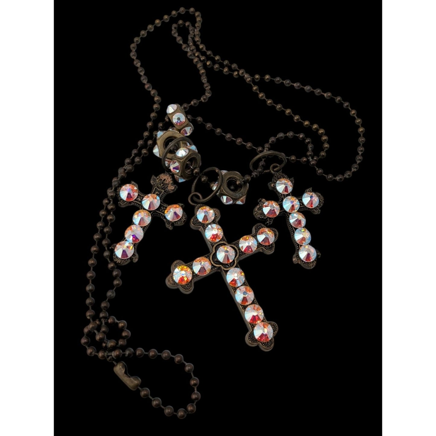Vintage Triple Cross Necklace Rhinestone Pendant Glam Goth Gold Iridescent Pink
