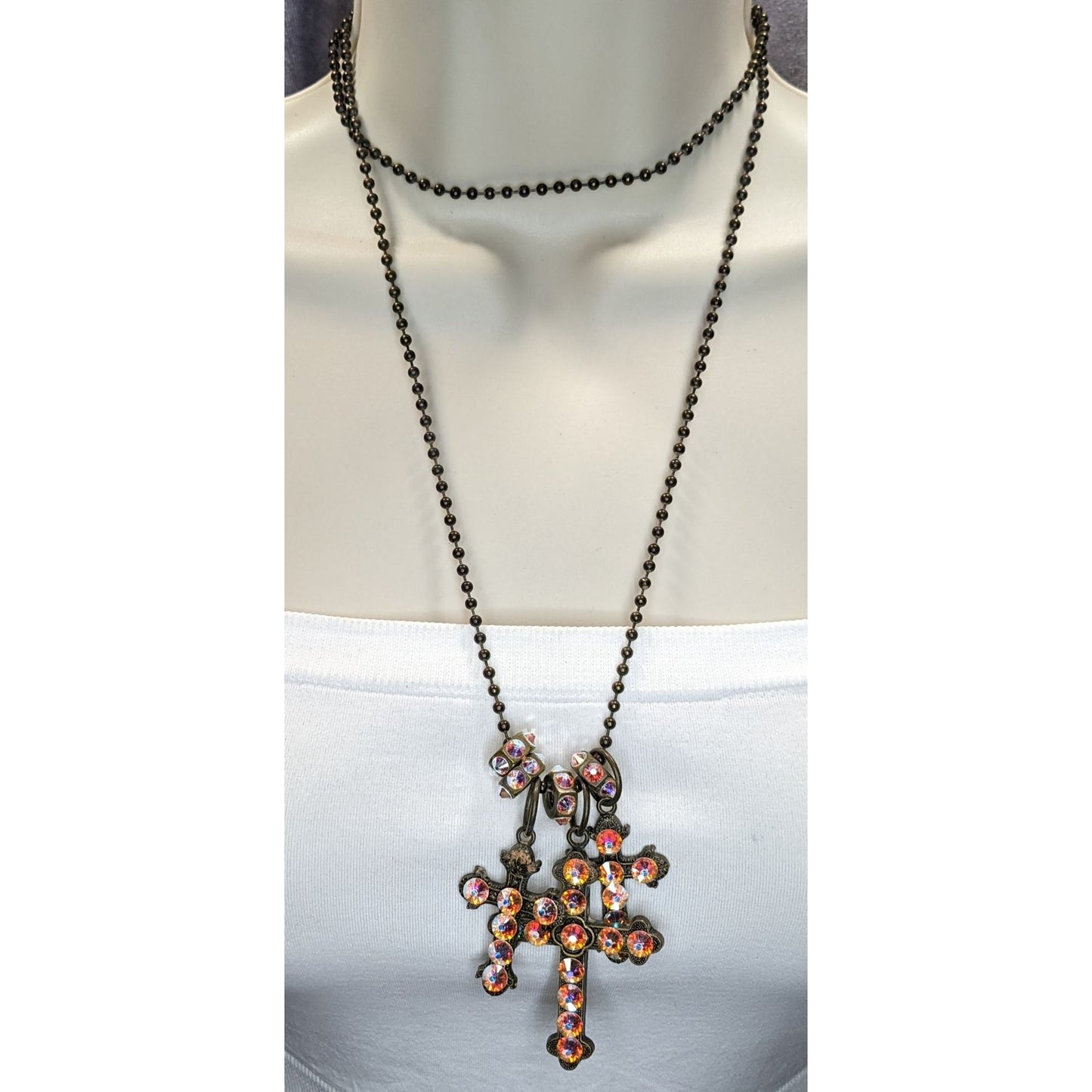 Vintage Triple Cross Necklace Rhinestone Pendant Glam Goth Gold Iridescent Pink