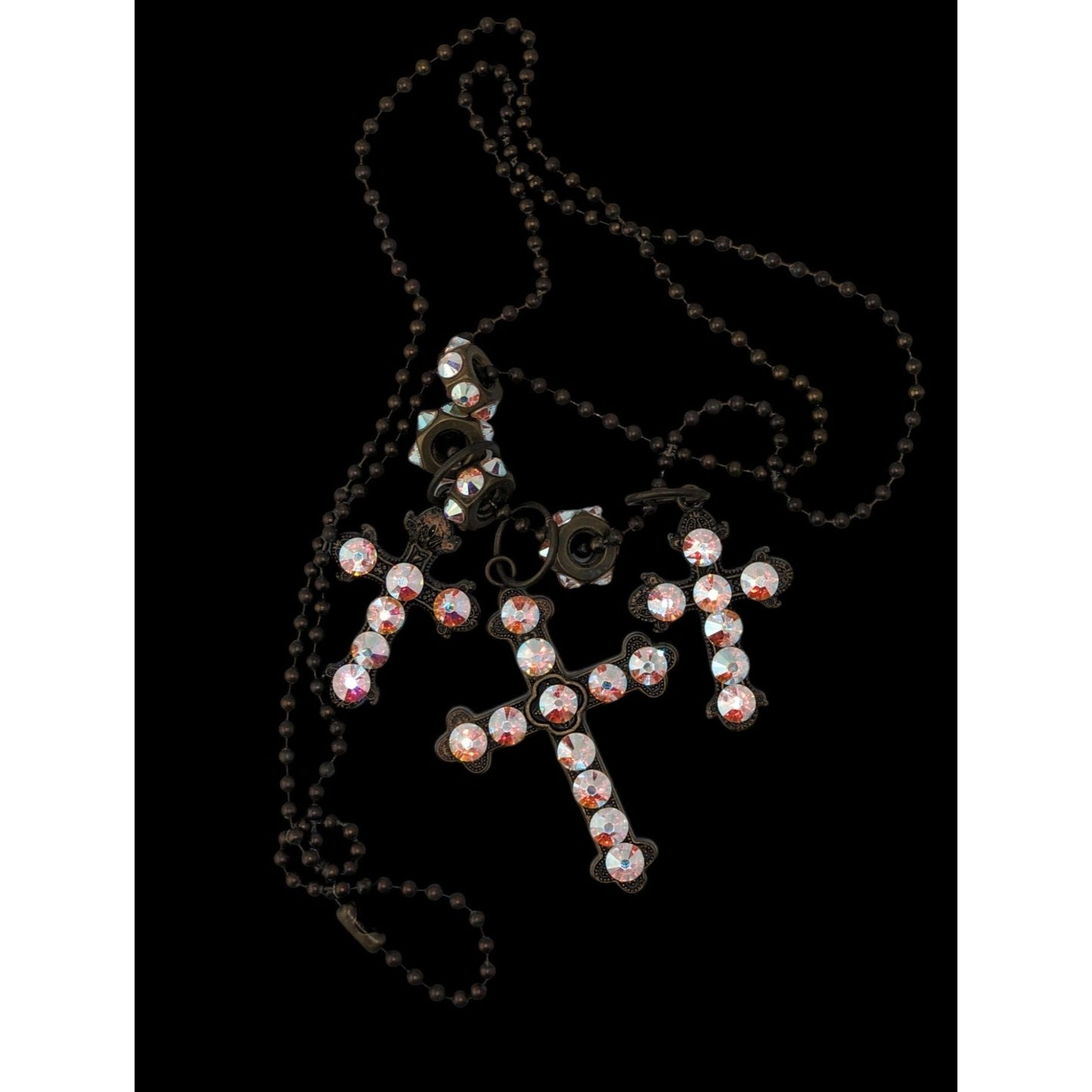 Vintage Triple Cross Necklace Rhinestone Pendant Glam Goth Gold Iridescent Pink