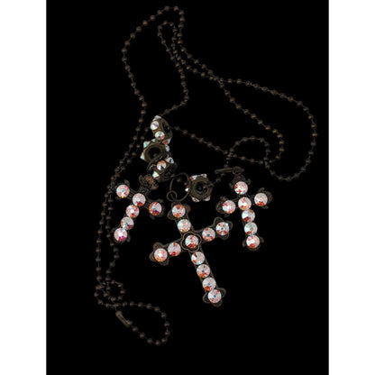 Vintage Triple Cross Necklace Rhinestone Pendant Glam Goth Gold Iridescent Pink