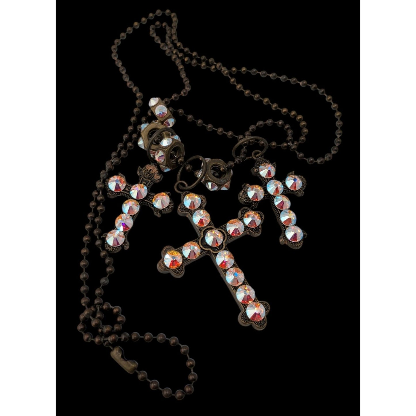 Vintage Triple Cross Necklace Rhinestone Pendant Glam Goth Gold Iridescent Pink