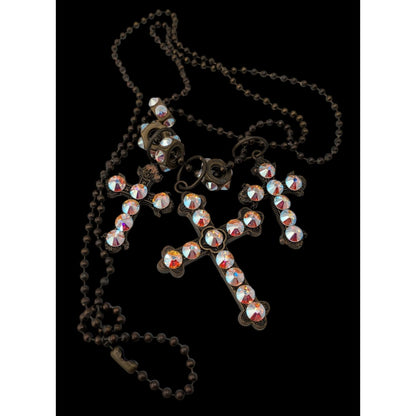 Vintage Triple Cross Necklace Rhinestone Pendant Glam Goth Gold Iridescent Pink
