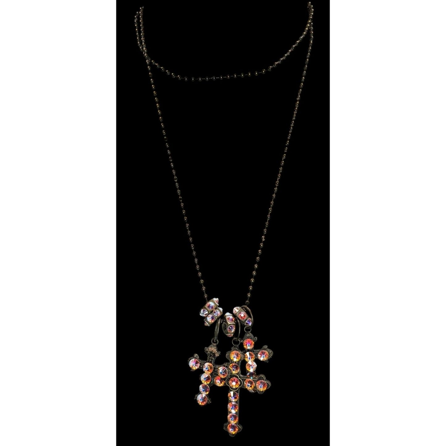 Vintage Triple Cross Necklace Rhinestone Pendant Glam Goth Gold Iridescent Pink