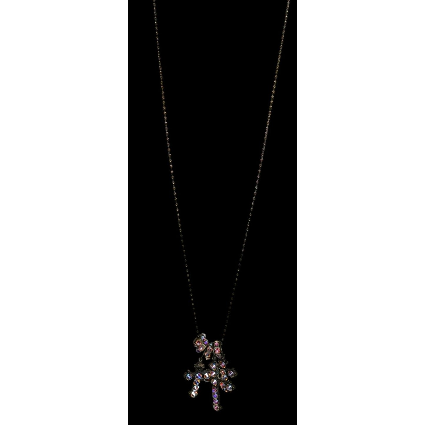 Vintage Triple Cross Necklace Rhinestone Pendant Glam Goth Gold Iridescent Pink