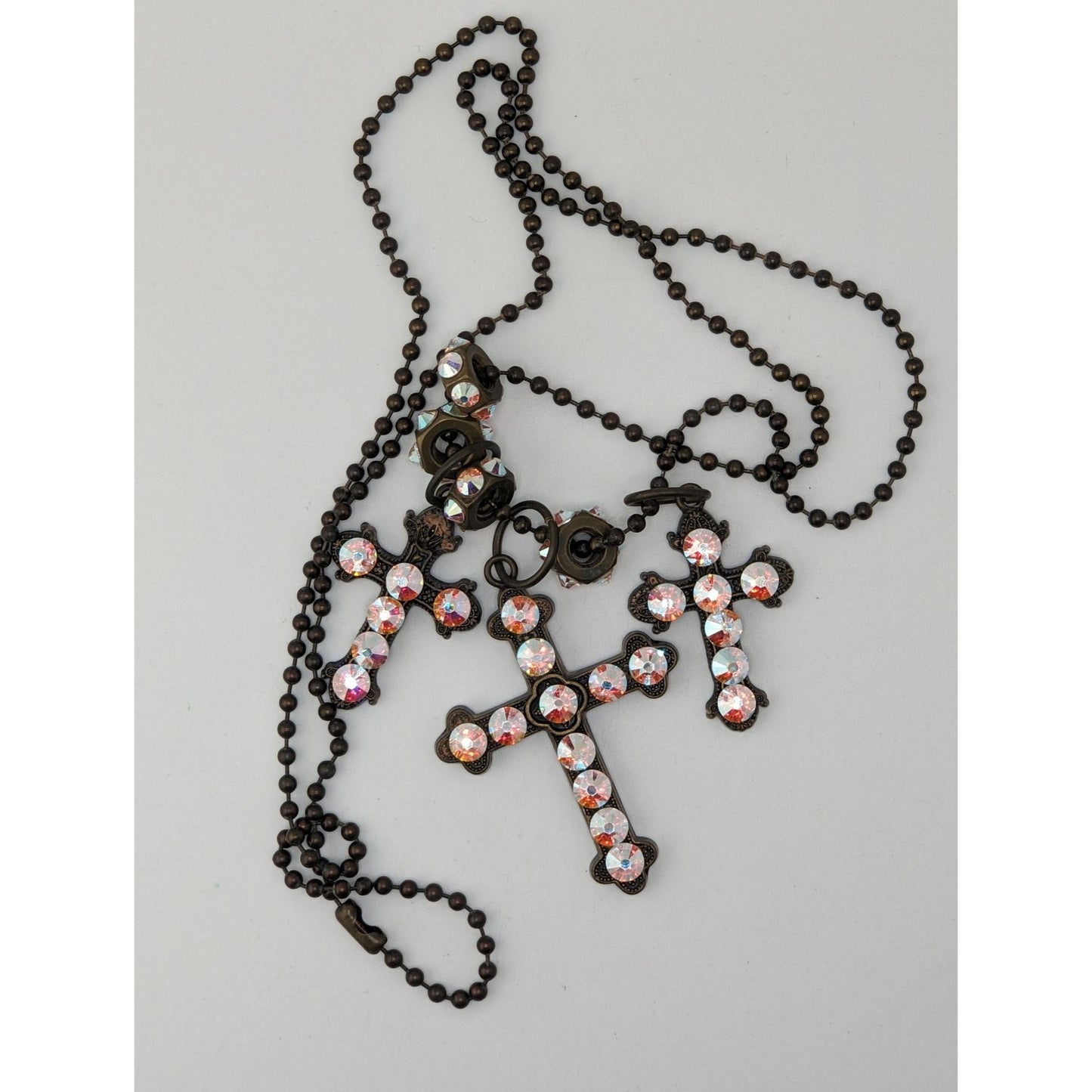 Vintage Triple Cross Necklace Rhinestone Pendant Glam Goth Gold Iridescent Pink