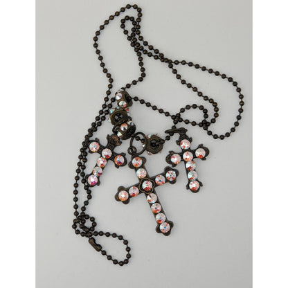 Vintage Triple Cross Necklace Rhinestone Pendant Glam Goth Gold Iridescent Pink