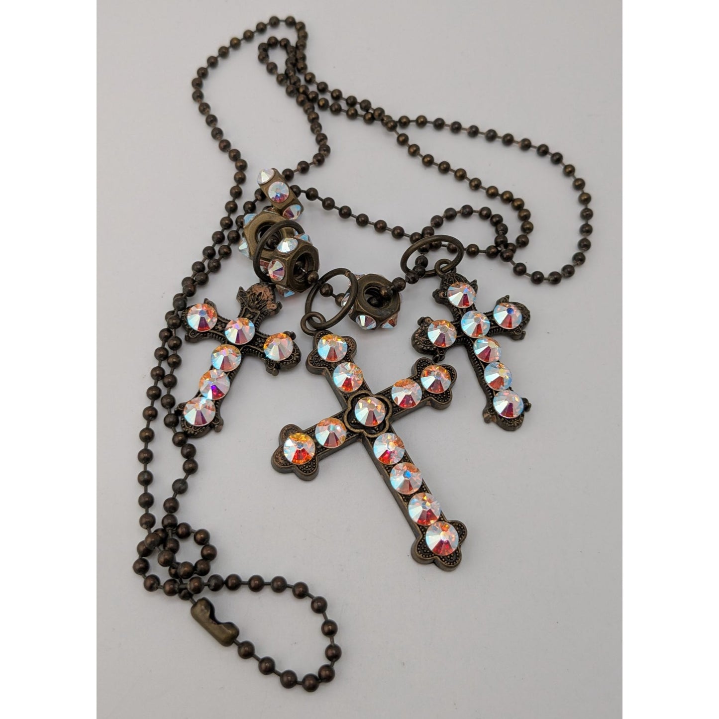 Vintage Triple Cross Necklace Rhinestone Pendant Glam Goth Gold Iridescent Pink