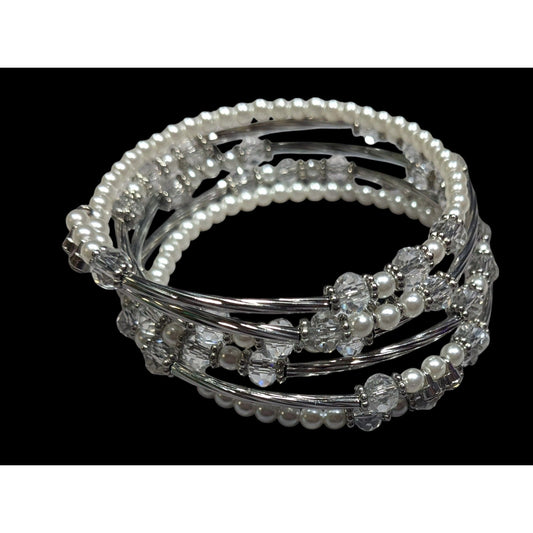 Elegant Glam White And Silver Tone Beaded Coil Bracelet