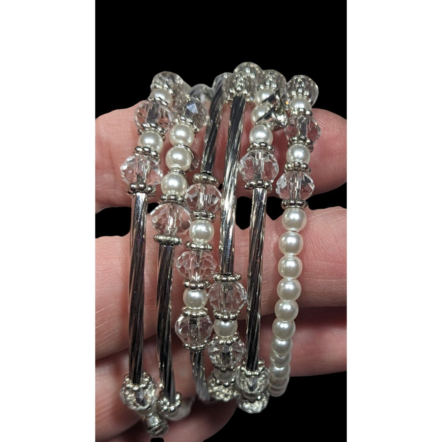 Elegant Glam White And Silver Tone Beaded Coil Bracelet