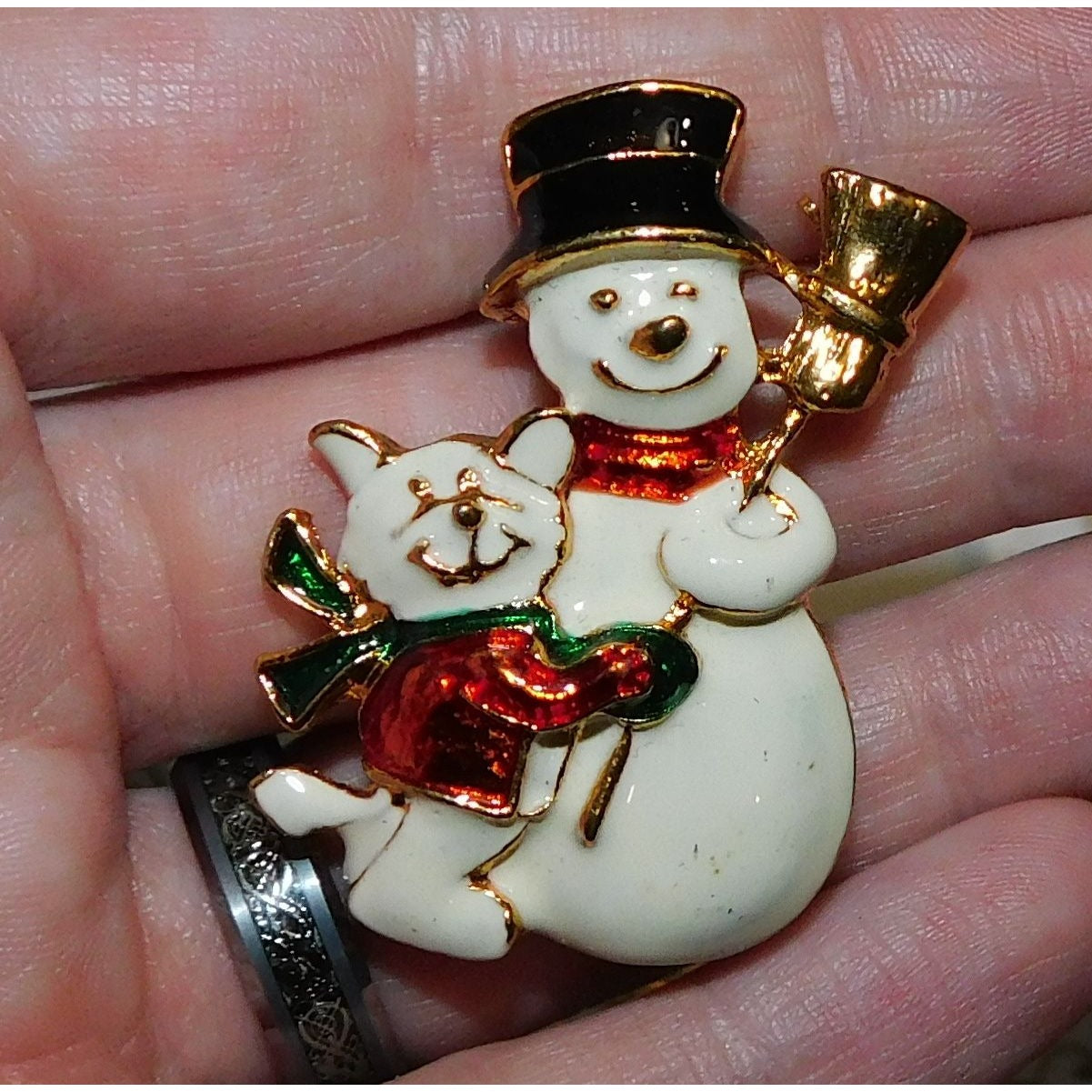 SFJ Collectible Vintage Snowman And Dog Holiday Brooch