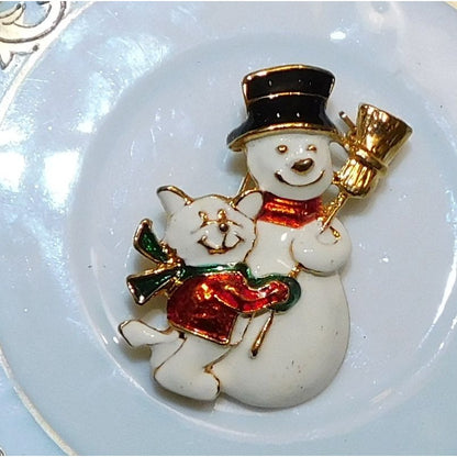SFJ Collectible Vintage Snowman And Dog Holiday Brooch