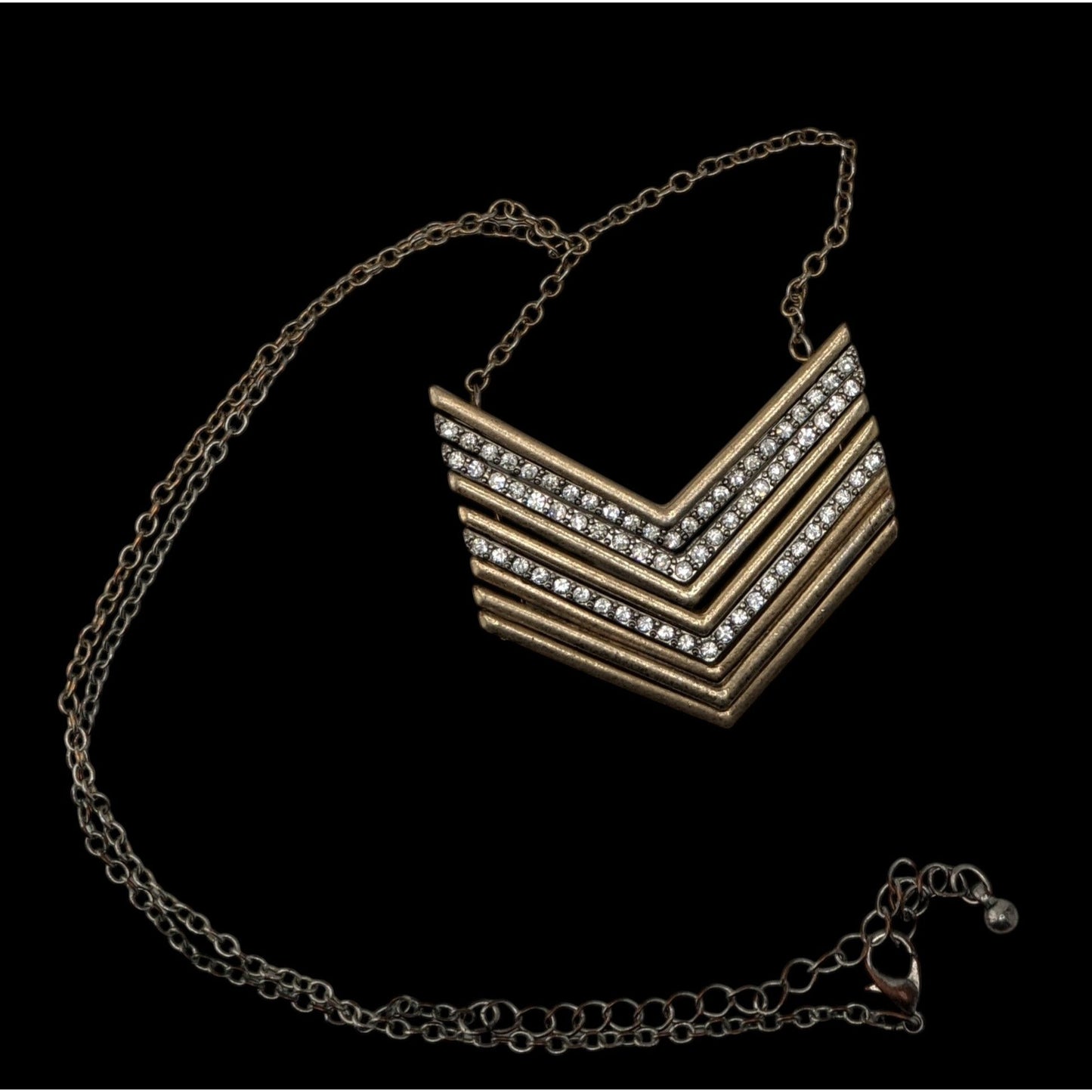 Multi Metallic Stacked Chevron Pendant Necklace Silver Gold Tone Rhinestone Glam Statement