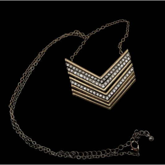 Multi Metallic Stacked Chevron Pendant Necklace Silver Gold Tone Rhinestone Glam Statement