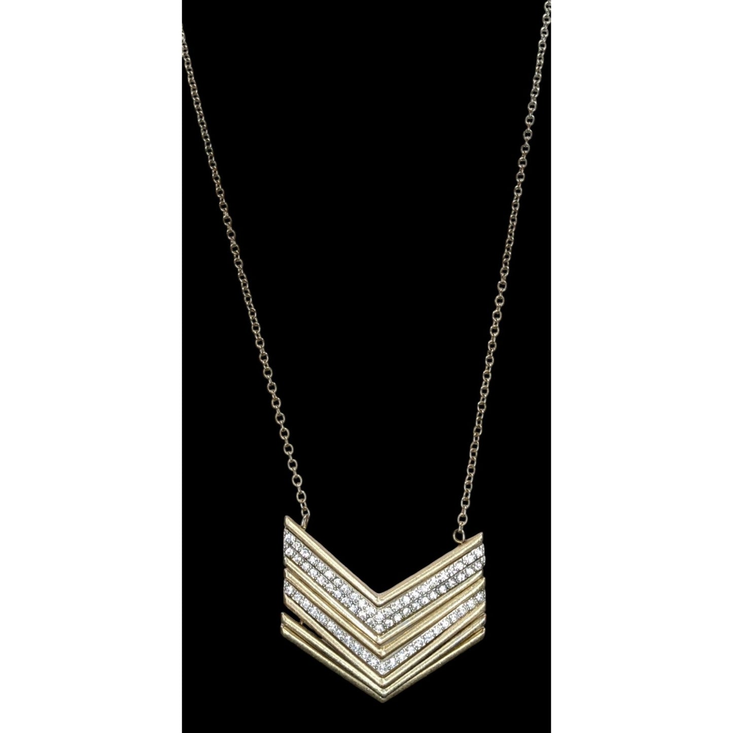 Multi Metallic Stacked Chevron Pendant Necklace Silver Gold Tone Rhinestone Glam Statement