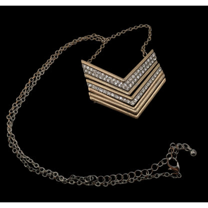 Multi Metallic Stacked Chevron Pendant Necklace Silver Gold Tone Rhinestone Glam Statement