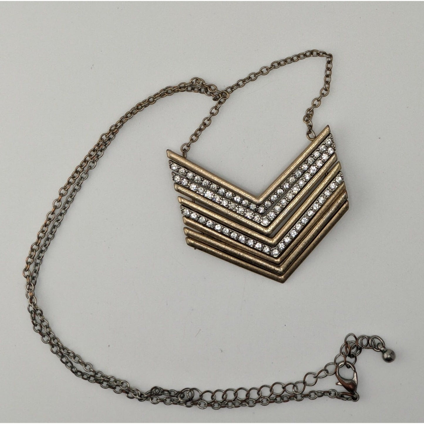 Multi Metallic Stacked Chevron Pendant Necklace Silver Gold Tone Rhinestone Glam Statement