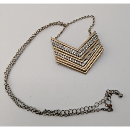 Multi Metallic Stacked Chevron Pendant Necklace Silver Gold Tone Rhinestone Glam Statement