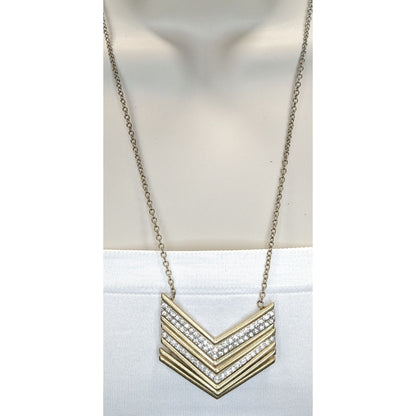 Multi Metallic Stacked Chevron Pendant Necklace Silver Gold Tone Rhinestone Glam Statement