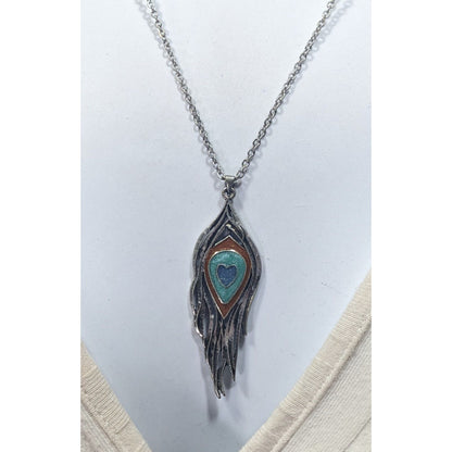 Y2K Bohemian Feather Heart Necklace Metal With Shimmer Enamel