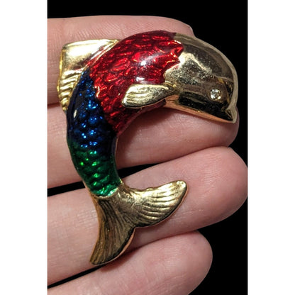 Vintage Gold Tone Rainbow Enamel Fish Brooch