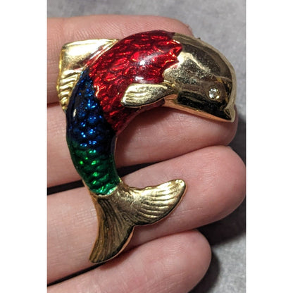 Vintage Gold Tone Rainbow Enamel Fish Brooch