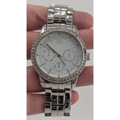 Silver-Tone Glam Mens Analog Watch With Crystal Accents Day & Date Subdials