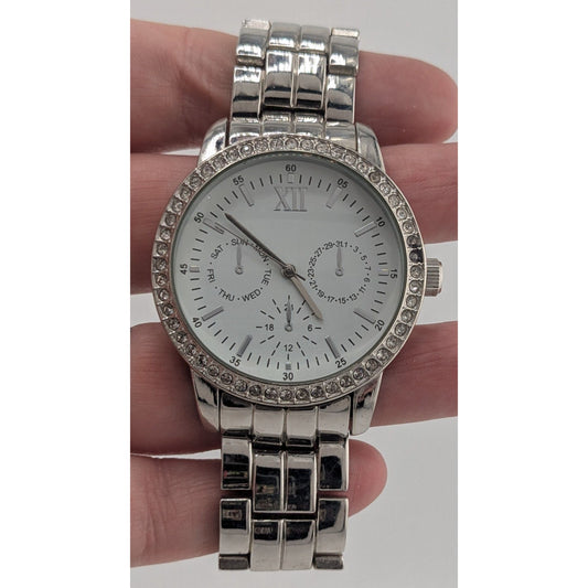 Silver-Tone Glam Mens Analog Watch With Crystal Accents Day & Date Subdials