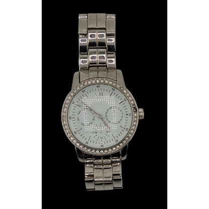 Silver-Tone Glam Mens Analog Watch With Crystal Accents Day & Date Subdials